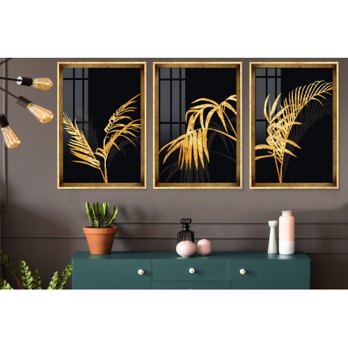 Black And Gold Leaves Tablo Seti