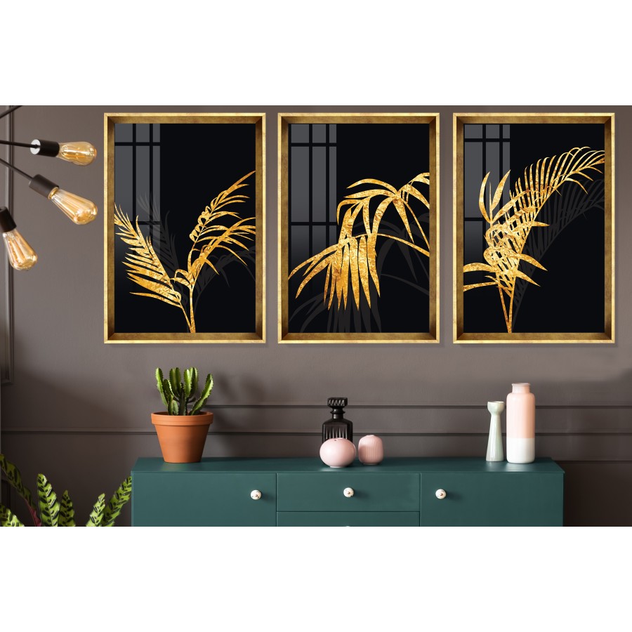 Black And Gold Leaves Tablo Seti